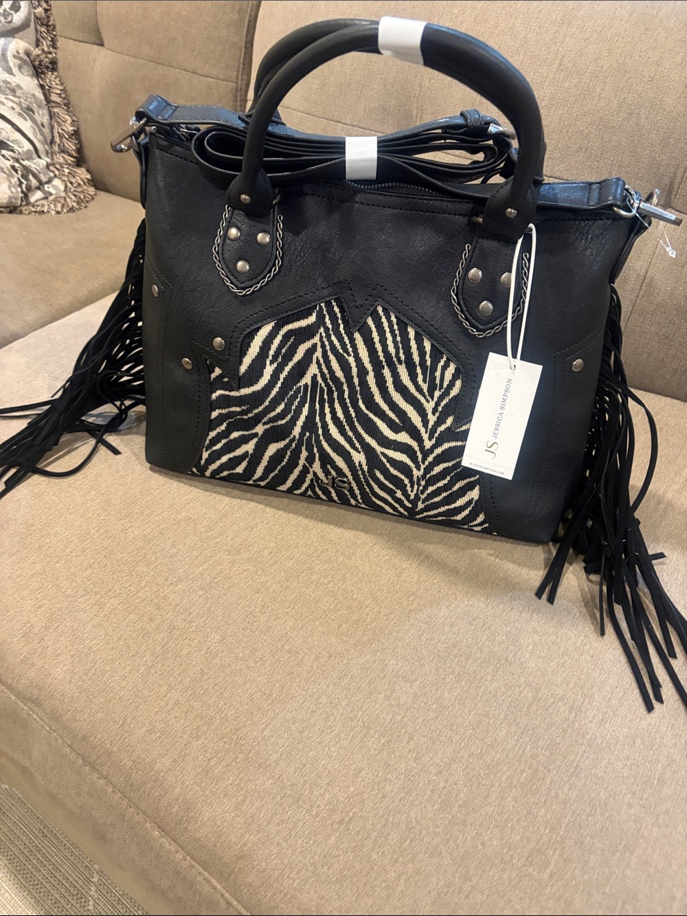 JS Collections Black Zebra-Accent Fringe Satchel